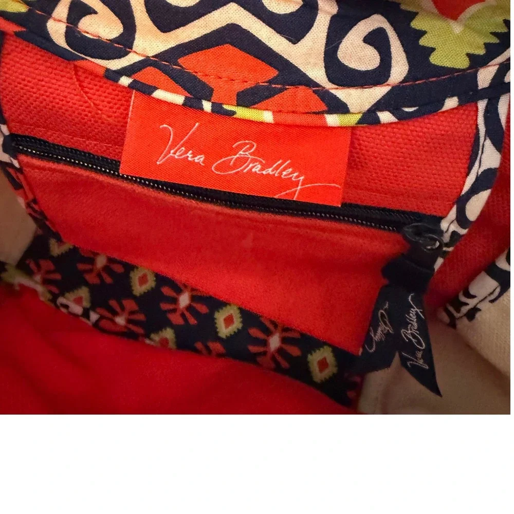 Vera Bradley Tote Bag Womens Medium Red Canvas Geometric Floral Striped Straps